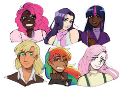 Size: 1262x918 | Tagged: safe, artist:dragonmickie, applejack, fluttershy, pinkie pie, rainbow dash, rarity, twilight sparkle, human, g4, bust, clothes, dark skin, humanized, light skin, looking at you, mane six, moderate dark skin, open mouth, pale skin, scarf, simple background, smiling, tan skin, white background