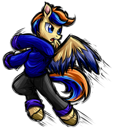 Size: 2160x2400 | Tagged: safe, artist:thescornfulreptilian, oc, oc only, oc:ethan, pegasus, semi-anthro, clothes, colored wings, high res, pants, simple background, solo, sweater, transparent background, two toned wings, wings