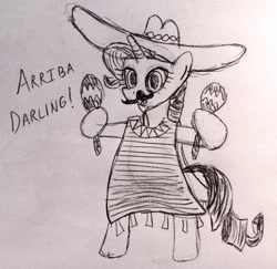 Size: 2928x2850 | Tagged: safe, artist:dhm, rarity, pony, g4, bipedal, darling, drawthread, hat, high res, monochrome, sketch, solo, sombrero, traditional art