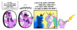 Size: 2412x944 | Tagged: safe, artist:bixels, princess celestia, princess luna, spike, twilight sparkle, alicorn, dragon, pony, g4, comic, dialogue, female, fire, gonzo, kermit the frog, mare, musical instrument, reference to another series, simple background, speech bubble, statler, statler and waldorf, the muppet show, the muppets, trumpet, twilight sparkle (alicorn), waldorf, white background