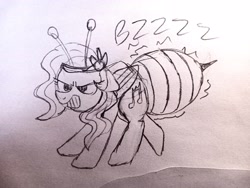 Size: 4160x3120 | Tagged: safe, artist:dhm, pipp petals, bee pony, original species, pony, g5, adorapipp, angry, animal costume, bee costume, bumblebipp, buzzing, bzzzzz, clothes, costume, cute, drawthread, madorable, monochrome, pipp is short, pipp is smol, sketch, solo, traditional art