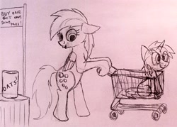 Size: 3660x2627 | Tagged: safe, artist:dhm, derpy hooves, dinky hooves, pegasus, pony, unicorn, g4, bipedal, drawthread, food, high res, horn, monochrome, oats, sale, shopping, shopping cart, sketch, traditional art
