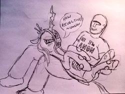 Size: 4160x3120 | Tagged: safe, artist:dhm, queen chrysalis, oc, oc:anon, changeling, changeling queen, human, pony, g4, bellyrubs, blushing, butt, drawthread, indignant, monochrome, plot, sketch, traditional art