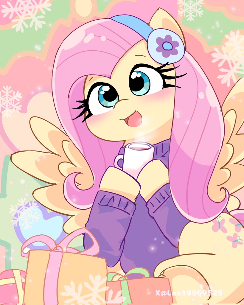 [blushing,christmas,clothes,cute,earmuffs,eyelashes,female,fluttershy,g4,heart,holiday,mare,mug,open mouth,pegasus,pony,present,safe,snow,snowflake,solo,steam,sweater,wings,shyabetes,sweatershy,abstract background,smiling,spread wings,hoof hold,artist:leo19969525]
