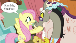 Size: 1280x720 | Tagged: safe, edit, edited screencap, screencap, discord, fluttershy, discordant harmony, g4, female, glasses, hooves on face, kiss me you fool, male, ship:discoshy, shipping, speech bubble, straight