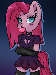 Size: 1500x2000 | Tagged: safe, artist:bubblegooey, pinkie pie, earth pony, anthro, unguligrade anthro, g4, blue eyes, blush sticker, blushing, bubblegum, chewing, chewing gum, choker, clothes, crossed arms, cute, cuteamena, dress, ear fluff, eating, female, food, gloves, goth, gradient background, gum, lidded eyes, looking at you, pink hair, pinkamena diane pie, purple dress, signature, solo, spiked choker, stockings, straight hair, tail, thigh highs