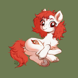 Size: 1010x1008 | Tagged: safe, artist:lynxwolf, oc, oc only, oc:kich pineberry, earth pony, pony, butt, chest fluff, colored, colored sketch, cute, dock, featureless crotch, fluffy, fluffy mane, freckles, frog (hoof), green background, lying down, on side, plot, red mane, reference, simple background, sketch, solo, tail, underhoof, unshorn fetlocks, white coat