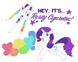 Size: 1042x838 | Tagged: safe, artist:drzootsuit, rarity, pony, unicorn, g4, cigarette, open mouth, simple background, smiling, solo, text, white background