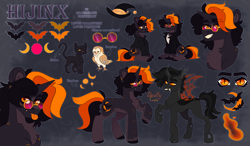 Size: 2534x1476 | Tagged: safe, artist:ghastlyexists, oc, oc only, oc:hijinx, bat pony, bat pony unicorn, bird, cat, changeling, hybrid, owl, pony, unicorn, chest fluff, clothes, curved horn, cutie mark, ear fluff, ear piercing, earring, eyebrows, eyelashes, fangs, fluffy mane, freckles, glasses, hoodie, horn, jacket, jewelry, long tail, looking at you, magic, no pupils, nonbinary, orange changeling, piercing, ponytail, raised hoof, reference sheet, shirt, short mane, slit pupils, smiling, solo, spread wings, tail, tongue out, unshorn fetlocks, white changeling, wings