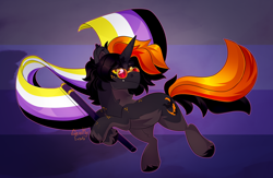 Size: 1856x1212 | Tagged: safe, artist:ghastlyexists, oc, oc only, oc:hijinx, bat pony, bat pony unicorn, hybrid, pony, unicorn, chest fluff, crossed hooves, ear fluff, ear piercing, earring, eyelashes, fangs, flag, floating, fluffy mane, freckles, glasses, horn, jewelry, long tail, looking at you, nonbinary, nonbinary pride flag, piercing, pride, pride flag, raised hooves, shading, short mane, simple background, slit pupils, smiling, smiling at you, solo, tail, unshorn fetlocks