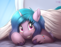 Size: 5000x3860 | Tagged: safe, artist:an-tonio, izzy moonbow, pony, unicorn, g5, absurd resolution, bed, bed hair, blanket, blushing, bracelet, cute, eye clipping through hair, eyebrows, eyebrows visible through hair, female, friendship bracelet, grin, izzybetes, jewelry, looking at you, on bed, signature, smiling, smiling at you, solo, unshorn fetlocks