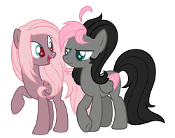 Size: 2273x1797 | Tagged: safe, artist:sinamuna, oc, oc only, oc:coco blossom, oc:humble shade, pegasus, pony, ahoge, angry, base used, black hair, blue eyes, brother and sister, brown fur, duo, female, green eyes, grey fur, happy, male, mare, next generation, offspring, parent:fluttershy, parent:king sombra, parents:sombrashy, pink hair, red pupils, siblings, simple background, stallion, transparent background
