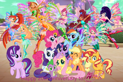 Size: 3000x2000 | Tagged: safe, artist:andoanimalia, artist:crunchnugget, artist:user15432, applejack, fluttershy, pinkie pie, rainbow dash, rarity, spike, starlight glimmer, sunset shimmer, twilight sparkle, alicorn, dragon, earth pony, fairy, pegasus, pony, unicorn, g4, aisha, bloom (winx club), daphne, daphne (winx club), fairy wings, female, flora (winx club), layla, male, mane seven, mane six, musa, roxy (winx club), sirenix, stella (winx club), tecna, twilight sparkle (alicorn), wings, winx club, winx club 20th anniversary