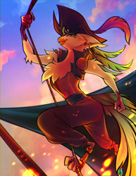 Size: 1530x1980 | Tagged: safe, artist:glacierclear, captain celaeno, bird, ornithian, anthro, g4, female, looking at you, parrot pirates, pirate, pose, rope, signature, sky background, smiling, smiling at you, solo, sunset