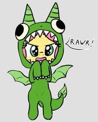 Size: 987x1229 | Tagged: safe, artist:craftycirclepony, oc, oc only, oc:crafty circles, unicorn, bipedal, clothes, costume, cute, dragon costume, female, filly, foal, freckles, hooves to the chest, onesie, open mouth, rawr, solo