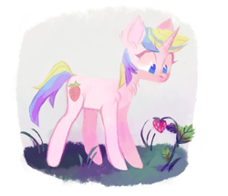 Size: 965x829 | Tagged: safe, artist:catfish-pancake, holly dash, pony, unicorn, g4, cute, female, food, hollybetes, looking down, mare, strawberry