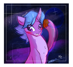 Size: 2114x1938 | Tagged: safe, artist:staceyld636, oc, oc:star hopper, unicorn, blushing, commission, covering, curved horn, galaxy, horn, looking away, male, shading, shy, stallion, stars