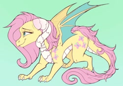 Size: 1024x712 | Tagged: safe, artist:koffeemilk, part of a set, fluttershy, dragon, g4, cute, dragoness, dragonified, female, flutterdragon, gradient background, shyabetes, smiling, solo, species swap, spread wings, wings