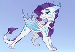 Size: 2048x1423 | Tagged: safe, artist:koffeemilk, part of a set, rarity, dragon, g4, cute, dragoness, dragonified, female, gradient background, raribetes, raridragon, smiling, solo, species swap, wings
