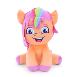 Size: 1024x1024 | Tagged: safe, sunny starscout, earth pony, g5, official, blue eyes, chibi, face of mercy, irl, looking at you, malaysia, mane stripe sunny, merchandise, multicolored hair, philippines, photo, plushie, rainbow hair, simple background, singapore, sitting, smiling, smiling at you, solo, thailand, toy, white background