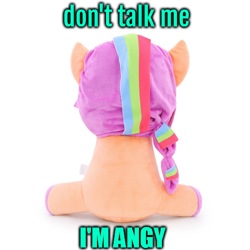 Size: 500x500 | Tagged: safe, sunny starscout, earth pony, g5, angry, braid, caption, irl, meme, merchandise, multicolored hair, no talk me im angy, photo, plushie, rainbow hair, rear view, simple background, solo, text, toy, white background