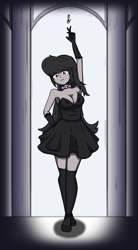 Size: 3203x5810 | Tagged: safe, artist:toxinagraphica, octavia melody, human, equestria girls, g4, bare shoulders, black dress, bowtie, breasts, busty octavia melody, cleavage, clothes, dress, female, gloves, socks, solo, stockings, strapless, thigh highs
