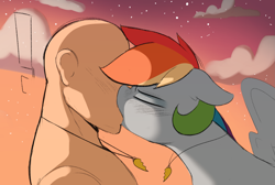 Size: 4167x2800 | Tagged: safe, artist:welost, rainbow dash, oc, oc:anon, human, pegasus, pony, g4, blushing, duo, eyes closed, female, french kiss, interspecies, jewelry, kiss on the lips, kissing, mare, necklace, passionate, pony on human action, romantic, shipping, sunset, surprise kiss, surprised