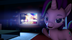 Size: 3840x2160 | Tagged: safe, artist:darkad8000, starlight glimmer, pony, unicorn, g4, 3d, 4k, bedroom eyes, eyebrows, female, grand theft auto, gta v, high res, imminent sex, interior, inviting, inviting you, lens flare, looking at you, mare, netflix, open mouth, open smile, pointing, seductive look, sexy, smiling, smiling at you, solo, source filmmaker, stupid sexy starlight glimmer, television