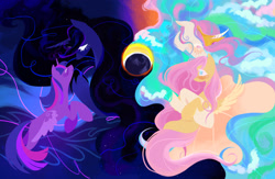 Size: 2655x1736 | Tagged: safe, artist:ponypierced, fluttershy, princess celestia, princess luna, twilight sparkle, alicorn, pegasus, pony, g4, crown, eclipse, ethereal mane, eyes closed, female, group, high res, hug, jewelry, lesbian, mare, quartet, regalia, royal sisters, ship:flutterlestia, ship:twiluna, shipping, siblings, sisters, solar eclipse, spread wings, twilight sparkle (alicorn), white eyelashes, wings