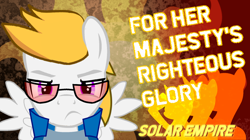 Size: 1000x561 | Tagged: safe, edit, editor:toastypk, oc, oc:lightpoint, pegasus, pony, april fools 2023, clothes, glare, glasses, looking at you, male, poster, propaganda, salute, silhouette, solar empire, solo, spread wings, stallion, wings