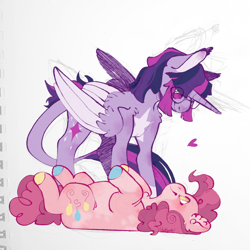 Size: 2000x2000 | Tagged: safe, artist:shyhandart, pinkie pie, twilight sparkle, alicorn, earth pony, pony, g4, female, heart, high res, hooves, leonine tail, lesbian, looking at each other, looking at someone, lying down, multicolored hooves, on back, ship:twinkie, shipping, simple background, smiling, smiling at each other, tail, twilight sparkle (alicorn), white background