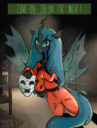 Size: 2500x3300 | Tagged: safe, artist:sibirly, part of a set, queen chrysalis, changeling, changeling queen, mimic, g4, bipedal, comedy mask, crossover, dialogue, hazmat suit, high res, holding, lethal company, looking at you, mask, open mouth, open smile, part of a series, seems legit, signature, smiling, smiling at you, solo, talking to viewer