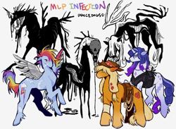 Size: 1369x1000 | Tagged: safe, artist:duncedogs, applejack, rainbow dash, rarity, demon, earth pony, pony, unicorn, g4, alternate universe, horror, infection au, simple background, white background