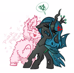 Size: 2661x2613 | Tagged: safe, artist:opalacorn, queen chrysalis, oc, oc:fluffle puff, changeling, changeling queen, earth pony, pony, g4, ><, behaving like a cat, canon x oc, cross-popping veins, emanata, eyes closed, female, lesbian, mare, nuzzling, purring, ship:chrysipuff, shipping, simple background, smiling, white background