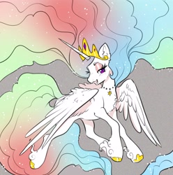 Size: 3972x3997 | Tagged: safe, artist:opalacorn, princess celestia, alicorn, pony, g4, commission, female, high res, impossibly long mane, impossibly long tail, lidded eyes, long feather, long mane, looking at you, mare, partially open wings, smiling, smiling at you, solo, tail, wings