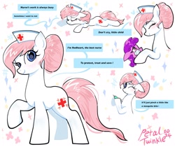 Size: 2048x1723 | Tagged: safe, artist:petaltwinkle, nurse redheart, earth pony, pony, g4, blushing, cute, dialogue, duo, female, filly, floppy ears, foal, heartabetes, hoof hold, looking at you, lying down, mare, messy mane, one eye closed, prone, signature, simple background, smiling, smiling at you, solo focus, speech bubble, sploot, syringe, white background, wink, winking at you