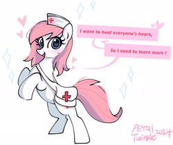 Size: 2048x1723 | Tagged: safe, artist:petaltwinkle, nurse redheart, earth pony, pony, g4, alternate hairstyle, bag, blushing, cute, dialogue, female, heart, heart eyes, heartabetes, looking at you, loose hair, mare, messenger bag, open mouth, open smile, rearing, signature, simple background, smiling, smiling at you, solo, speech bubble, white background, wingding eyes