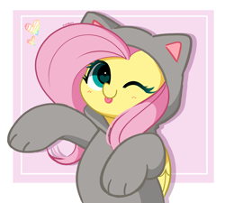 Size: 2929x2641 | Tagged: safe, artist:kittyrosie, fluttershy, cat, pegasus, pony, g4, ;p, animal costume, blush lines, blushing, cat costume, clothes, costume, cute, female, floating heart, fluttercat, folded wings, heart, heart eyes, high res, kigurumi, kittyrosie is trying to murder us, looking at you, mare, one eye closed, passepartout, shyabetes, signature, simple background, solo, tongue out, weapons-grade cute, white background, wingding eyes, wings, wink, winking at you