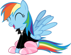 Size: 3858x3000 | Tagged: safe, artist:iamaveryrealperson, artist:sollace, edit, vector edit, rainbow dash, pegasus, pony, g4, 2021, clothes, eyes closed, female, happy, high res, jacket, laughing, leather, leather jacket, mare, ms paint, pink socks, programming socks, simple background, sitting, smiling, socks, solo, spread wings, striped socks, thigh highs, transparent background, vector, white socks, wings, zipper