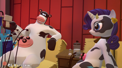 Size: 3840x2160 | Tagged: safe, artist:olkategrin, rarity, cow, cow pony, pony, unicorn, g4, 3d, barnyard, bell, body markings, bovine, cowified, ear tag, female, food, hay bale, holding, horn, horns, indoors, male, milk, milking, milking device, otis the cow, patreon, patreon logo, raricow, room, salt, sitting, source filmmaker, species swap, tail, udder, watermark