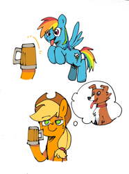 Size: 2406x3238 | Tagged: safe, artist:pipicangshuya32397, applejack, rainbow dash, winona, dog, earth pony, pegasus, pony, g4, alcohol, beer, open mouth, open smile, simple background, smiling, thinking, white background
