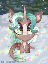 Size: 1620x2160 | Tagged: safe, artist:jjsh, oc, oc only, pony, unicorn, cute, cute face, ear fluff, female, fish tail, fluffy, forest, garland, horn, looking at you, looking up, mare, multicolored hair, multicolored mane, nature, sitting, smiling, smiling at you, snow, snowfall, solo, tail, tree, winter
