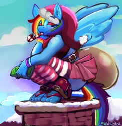 Size: 1080x1112 | Tagged: safe, artist:talvitwister, rainbow dash, pegasus, anthro, plantigrade anthro, g4, belt, blushing, candy, candy cane, chimney, christmas, clothes, eyeshadow, food, hat, high heels, holiday, lidded eyes, makeup, mouth hold, sack, sandals, santa hat, santa sack, shoes, skirt, smiling, solo, spread wings, squatting, striped stockings, toeless legwear, toy, wings