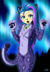 Size: 699x1000 | Tagged: safe, artist:uotapo, allura, posey bloom, equestria girls, g4, g5, my little pony: tell your tale, snow business like show business, spoiler:g5, spoiler:my little pony: tell your tale, spoiler:tyts01e70, adoraposey, alternate hairstyle, claws, clothes, cosplay, costume, cute, ear piercing, earring, equestria girls-ified, eyeshadow, face paint, fursuit, g5 to equestria girls, g5 to g4, generation leap, gloves, helix piercing, jewelry, makeup, necklace, paw gloves, paw pads, piercing, rawr, roleplaying, scene interpretation, snaggletooth, solo, whiskers