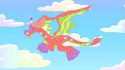 Size: 3072x1727 | Tagged: safe, screencap, dragon, cake dragon, g5, my little pony: tell your tale, spoiler:g5, spoiler:my little pony: tell your tale, spoiler:tyts02e03, cake, flying, food, solo, spread wings, wings