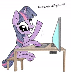 Size: 2017x2108 | Tagged: safe, artist:scandianon, twilight sparkle, pony, unicorn, g4, computer, derp, desk, female, mare, shitposting, simple background, smiling, solo, unicorn twilight, white background