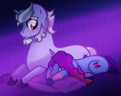 Size: 886x707 | Tagged: safe, artist:hate-love12, alphabittle blossomforth, misty brightdawn, pony, unicorn, g4, g5, father and child, father and daughter, female, g5 to g4, generation leap, lying down, male, prone, rebirth misty