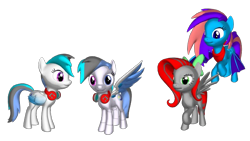 Size: 666x375 | Tagged: safe, artist:snowy starshine, oc, oc only, oc:frost night, oc:red, oc:red virus, oc:snowy starmech, oc:snowy starshine, bat pony, pegasus, pony, 3d pony creator, bow, clothes, flying, headphones, mech, scarf, simple background, spread wings, transparent background, wings