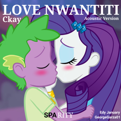 Size: 1920x1920 | Tagged: safe, artist:edy_january, artist:georgegarza01, rarity, spike, human, love nwantiti, series:romantic stories, series:sparity, equestria girls, equestria girls specials, g4, my little pony equestria girls: better together, my little pony equestria girls: rollercoaster of friendship, album, album cover, blushing, boyfriend and girlfriend, ckay, eyes closed, eyeshadow, female, geode of shielding, hug, human spike, humanized, jewelry, kiss on the lips, kissing, love nwantiti (song), magical geodes, makeup, male, music, rarity peplum dress, ship:sparity, shipping, song, straight