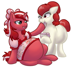 Size: 1280x1219 | Tagged: safe, artist:redintravenous, oc, oc only, oc:defenceless, oc:red ribbon, earth pony, pony, unicorn, ask red ribbon, abdominal bulge, bow, cake, chubby, clothes, dress, fat, feeding, female, food, hair bow, mare, pregnant, ribbon, simple background, transparent background